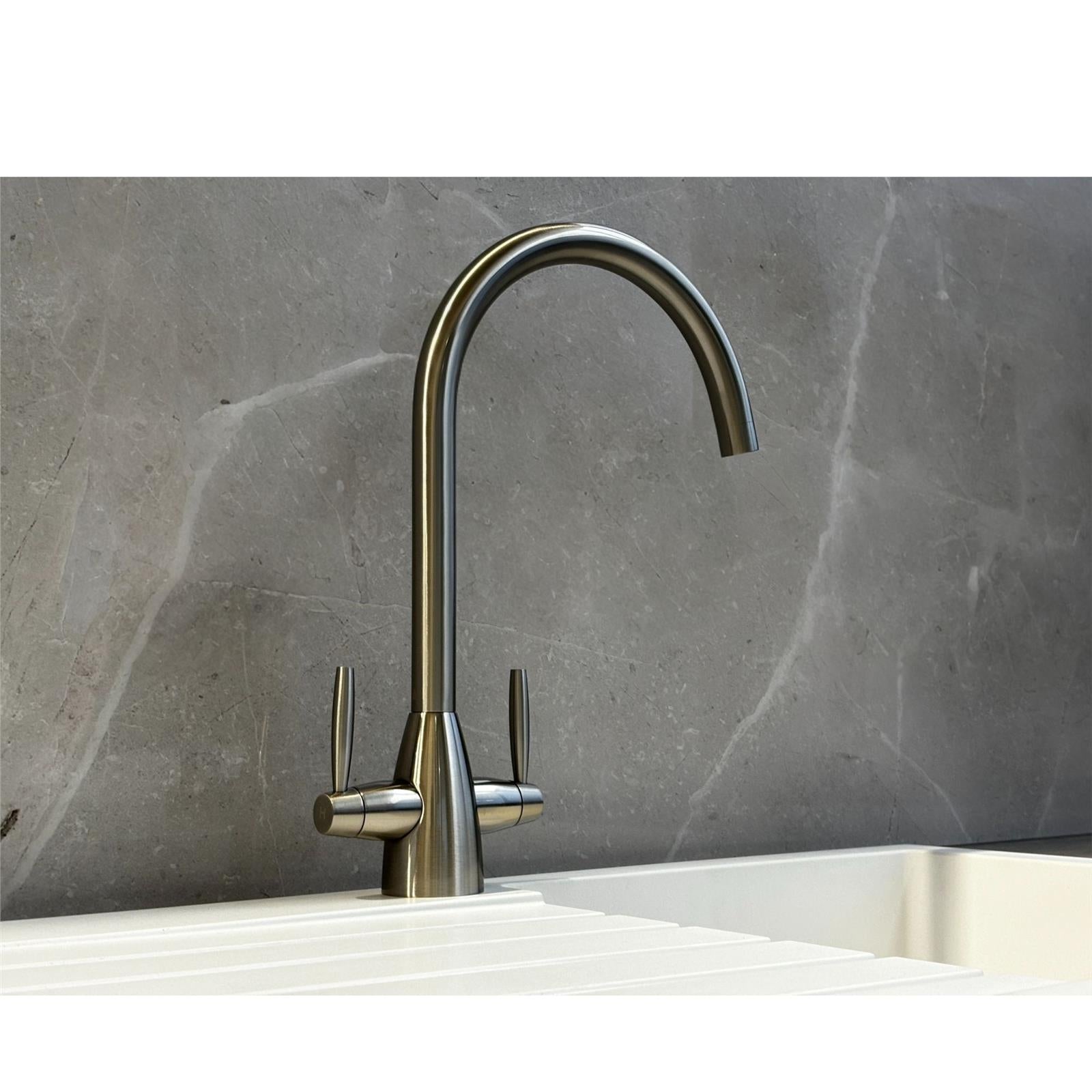 Liquida LT03BN Monobloc Swan Neck Twin Lever Brushed Nickel Kitchen Mixer Tap